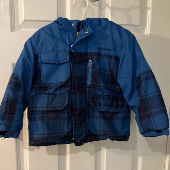 London Fog puffer coat plaid blue black winter hood zipper front jacket - Picture 3 of 13